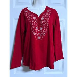 Blair Red Snowflake Embroidered Henley Top Women's Medium Holiday Long Sleeve